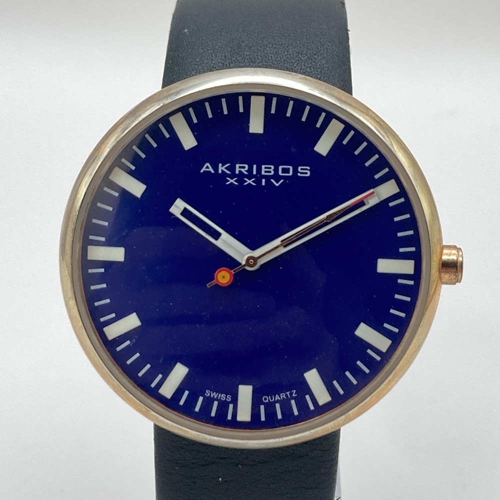 Akribos XXIV Mens Watch 42mm Rose Gold Tone Blue Dial Swiss Leather New Battery